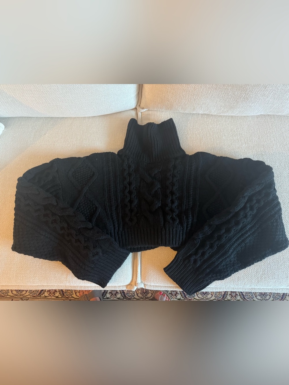 Black Cable Knit Cropped Turtleneck Sweater